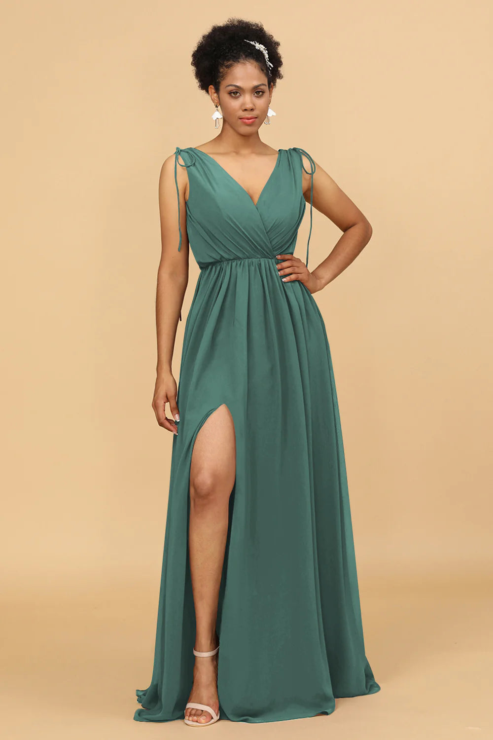 A Line Ruched V Neck Sleeveless Chiffon Bridesmaid Dress with Slit