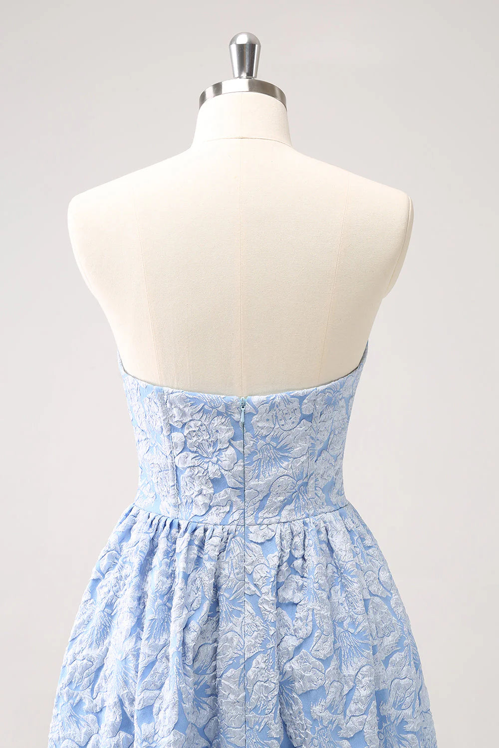 Blue A Line Brocade Strapless High Low Floral Dress with Ruffles