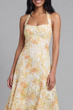 Floral Halter A Line Yellow Wedding Guest Dress