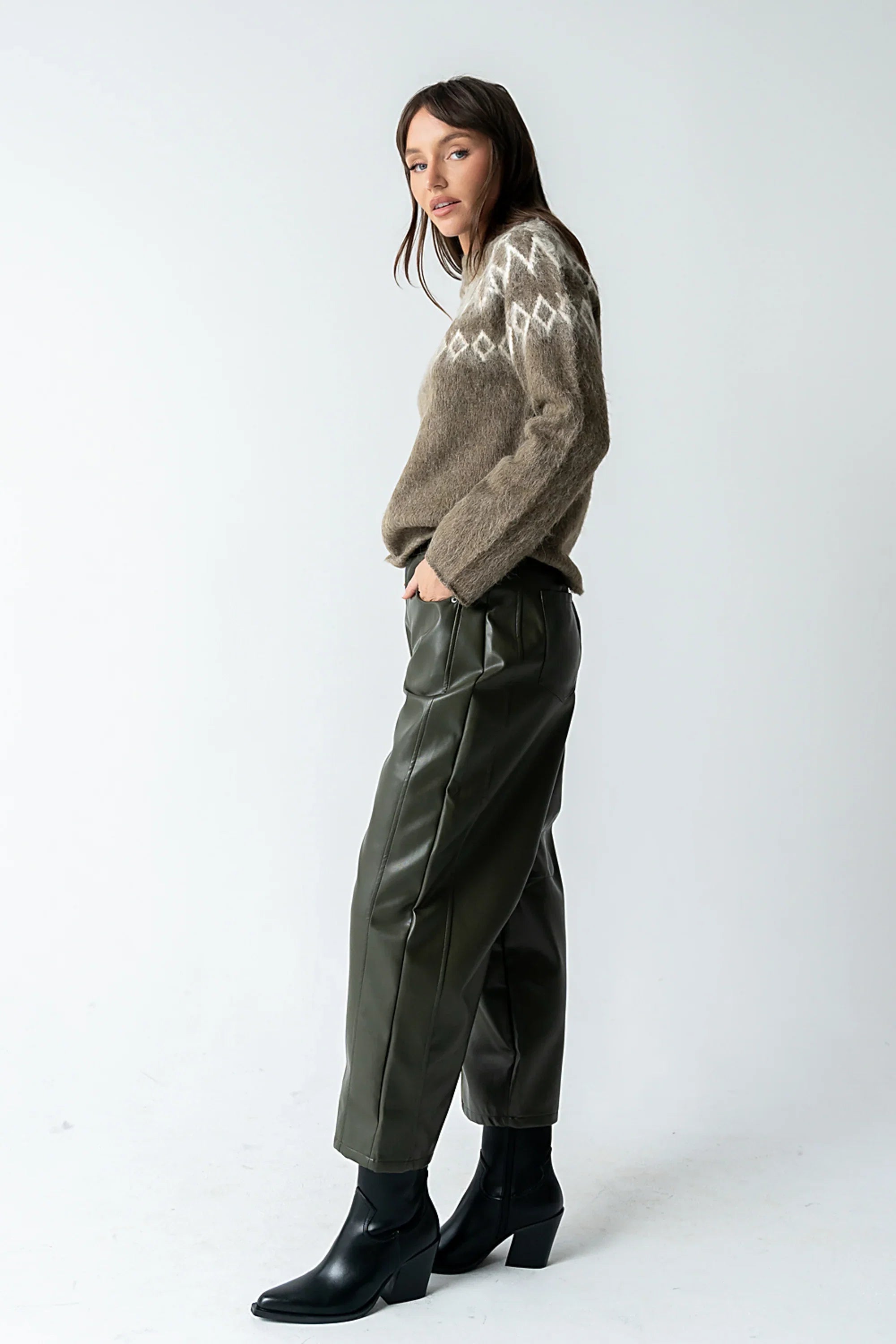 Langston Vegan Leather Barrel Jeans in Olive FINAL SALE