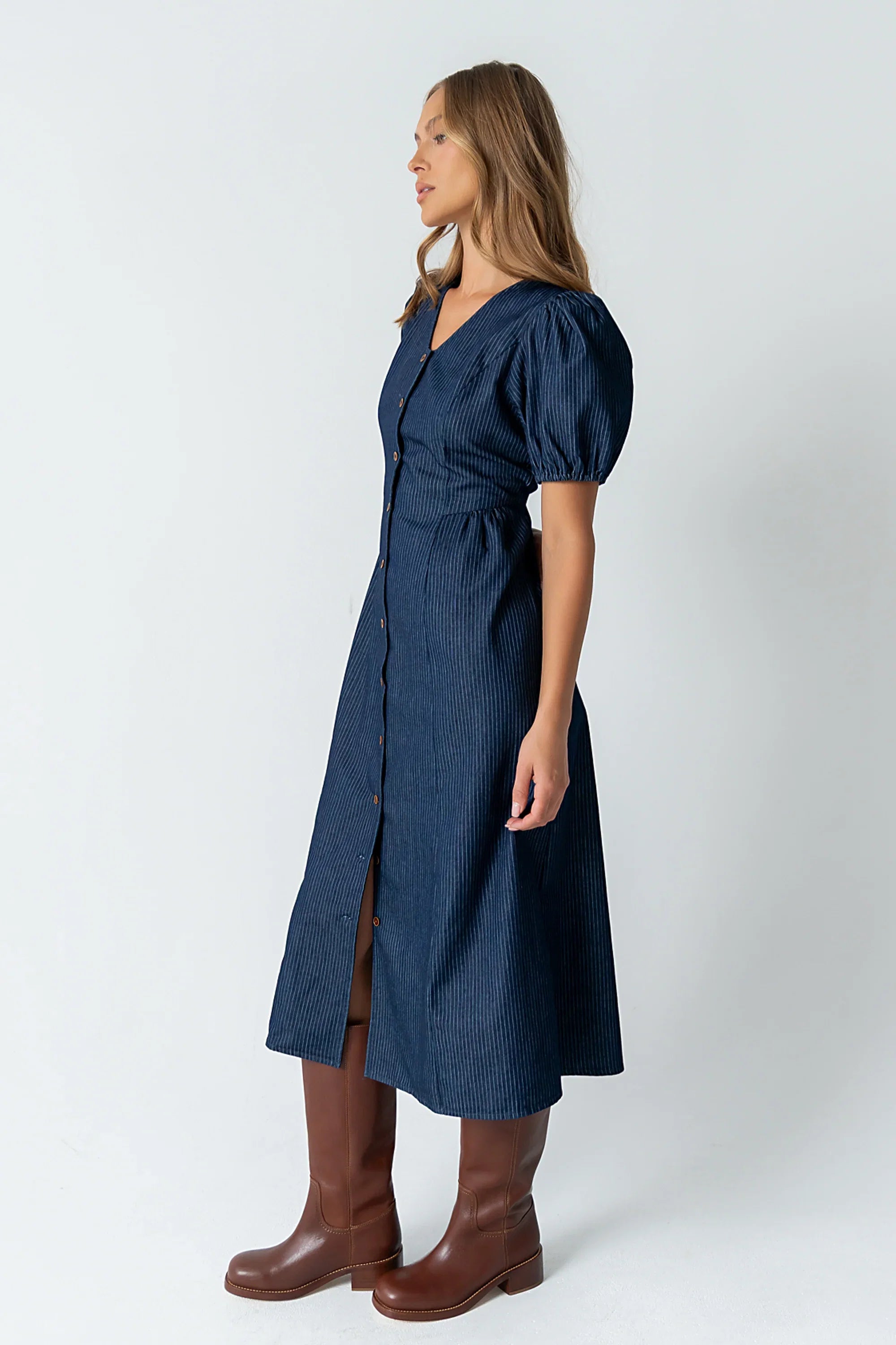 Conley Pinstripe Midi Dress in Medium Wash