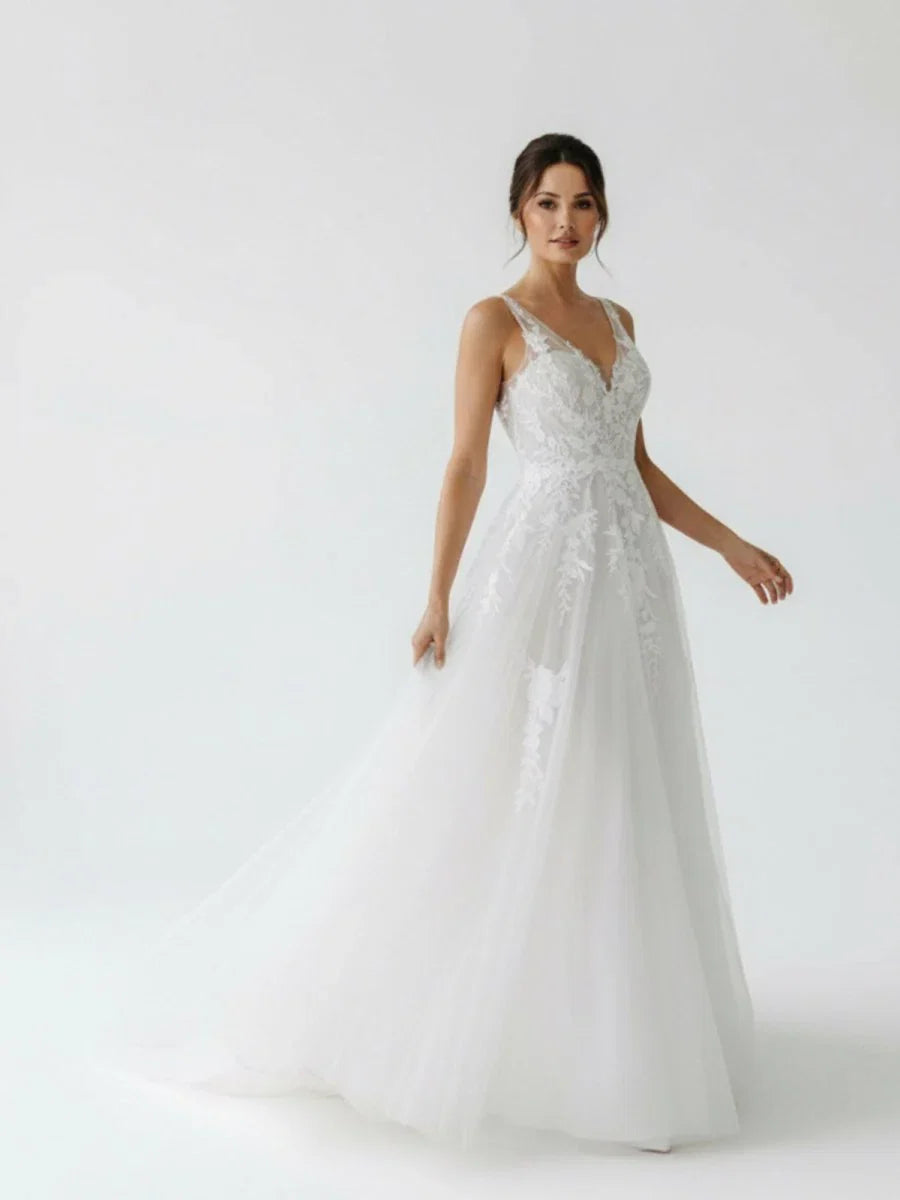 A Line V Back Long White Wedding Dress with Lace Appliqued