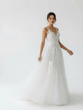 A Line V Back Long White Wedding Dress with Lace Appliqued