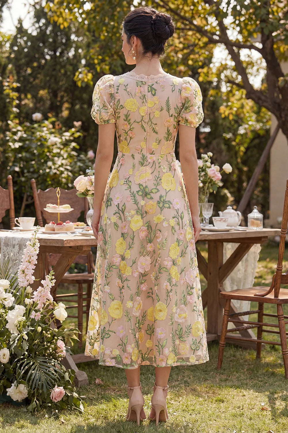 A Line Champagne V Neck Floral Wedding Guest Dress with Puff Sleeves