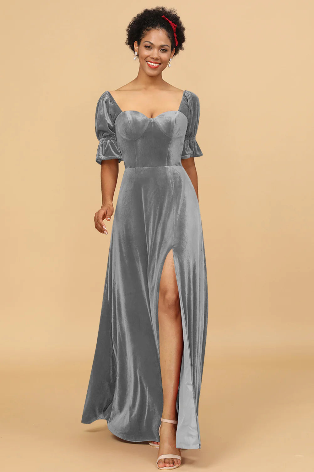 A Line Sweetheart Flare Sleeves Velvet Bridesmaid Dress with Slit