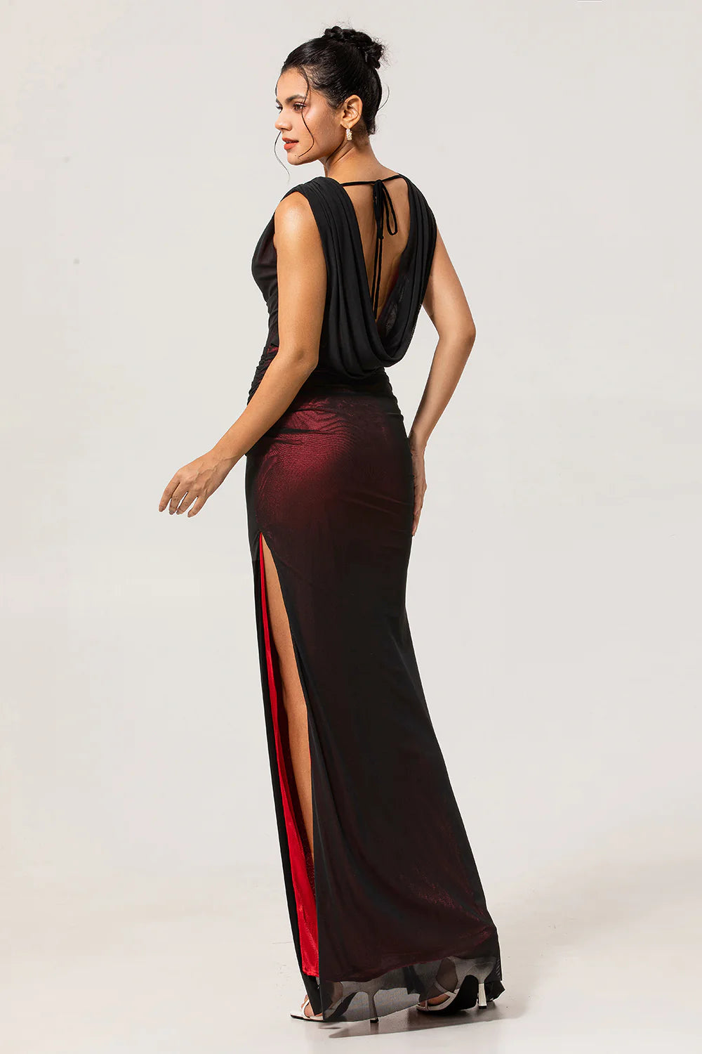Black Red Sheath Cowl Neck Tulle Open Back Maxi Plus Size Dress with Slit