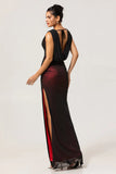 Black Red Sheath Cowl Neck Tulle Open Back Maxi Dress with Slit