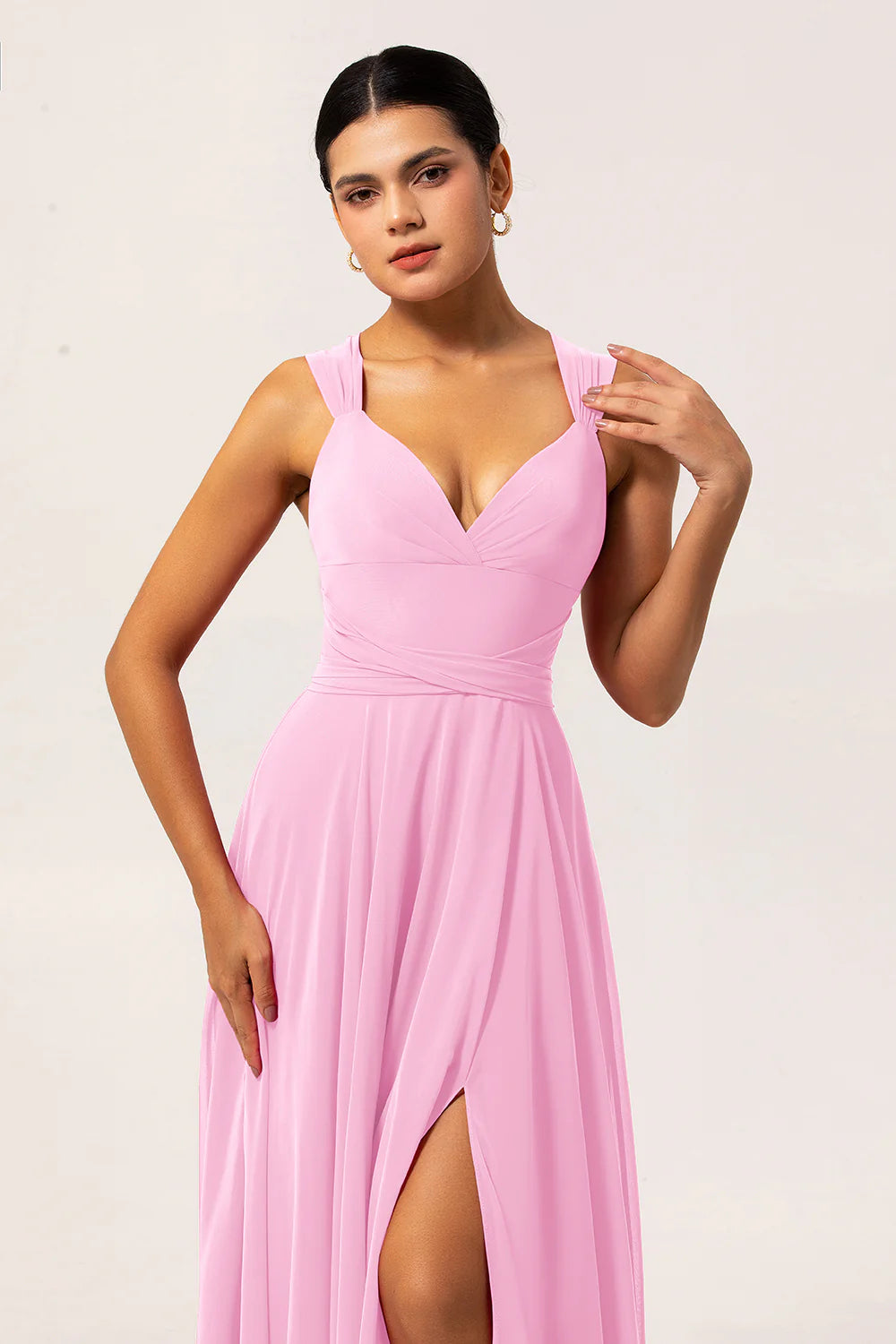 Blush Pink A Line Ruched Backless Convertible Chiffon Long Bridesmaid Dress with Slit