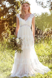 V Neck Long Cap Sleeve Appliqued Lace Tulle Wedding Dress