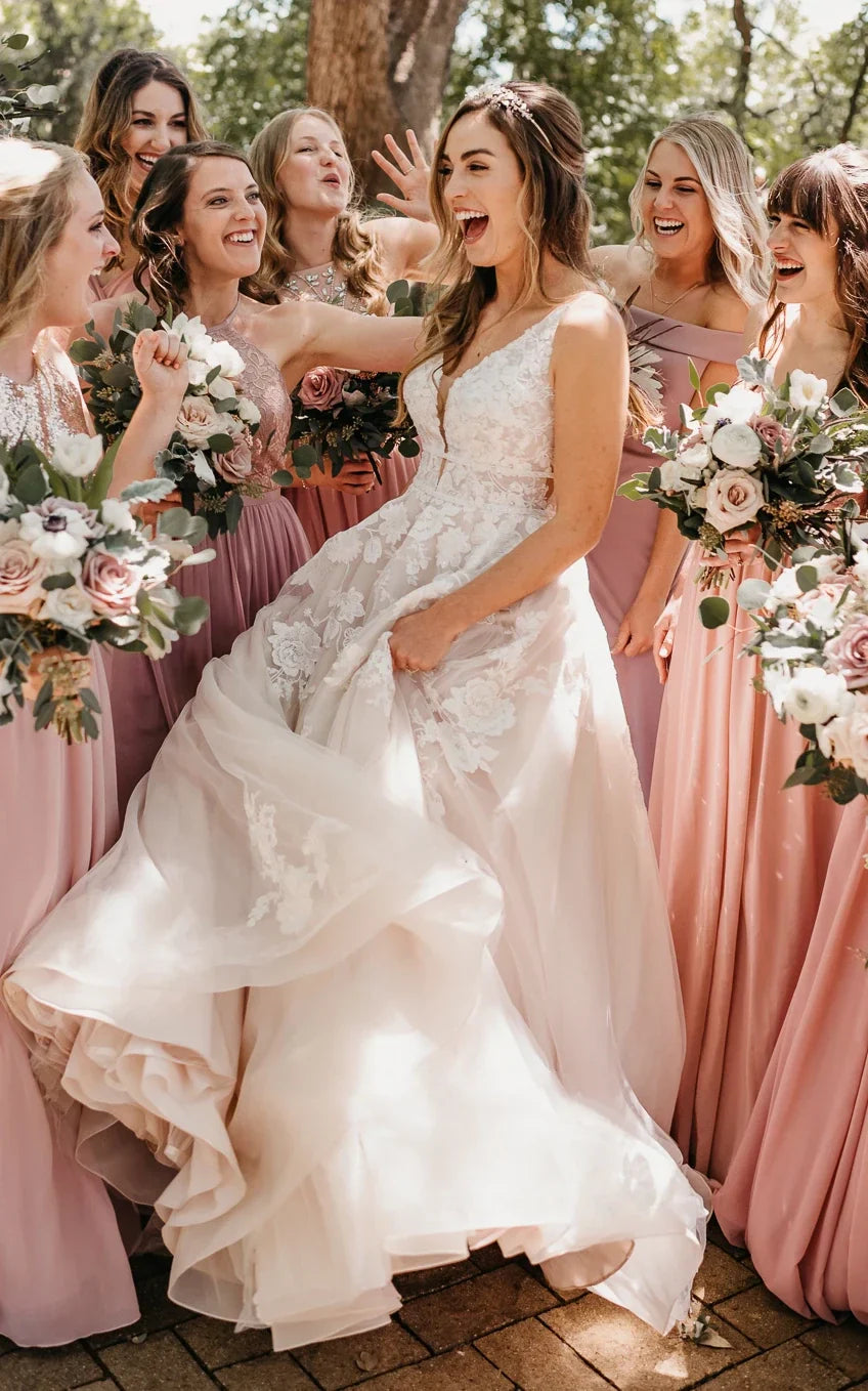 Adorable A Line Lace Wedding Dress With Appliques And Illusion Deep V Back