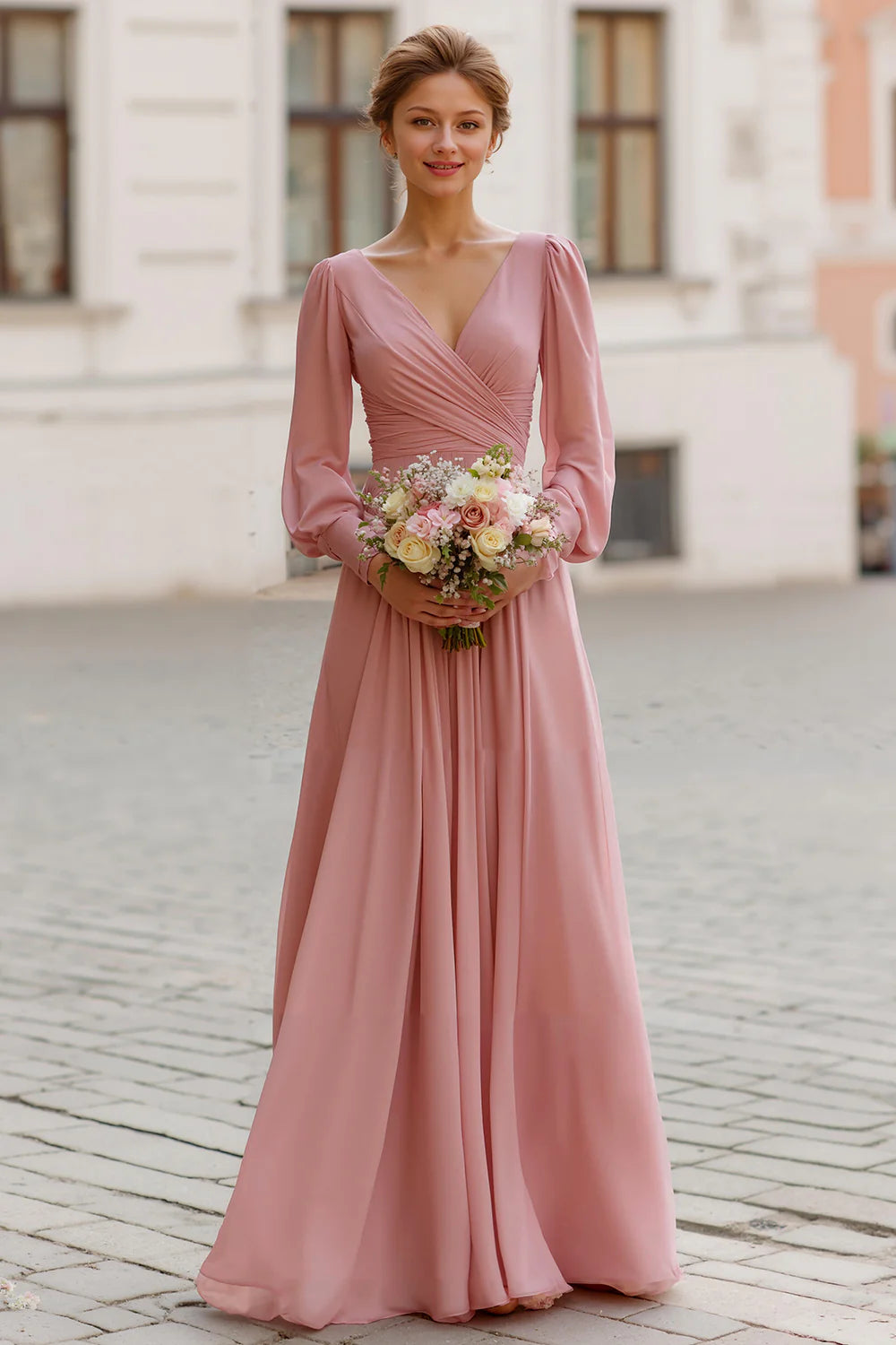 Elegant Vintage Mauve A Line V Neck Long Sleeves Bridesmaid Dress