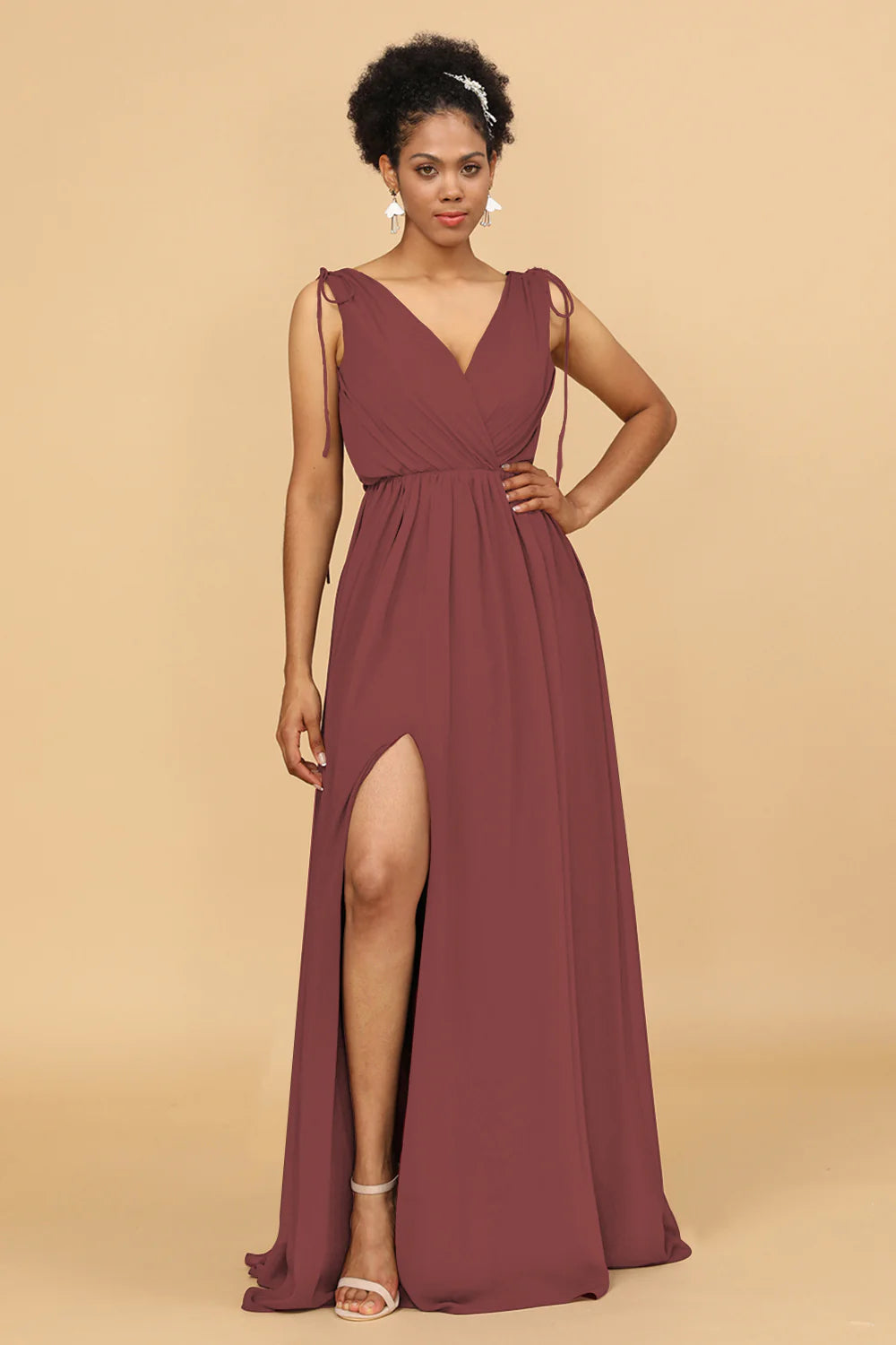 A Line Ruched V Neck Sleeveless Chiffon Bridesmaid Dress with Slit