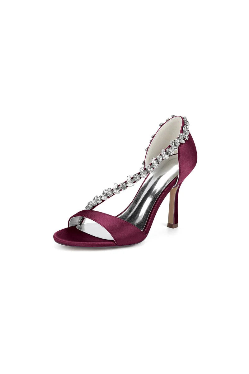 White Satin High Heels with Crystal and Chain Embellishments