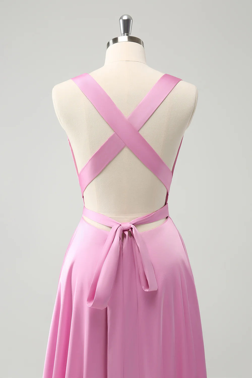 Pink A Line Deep V Neck Backless Long Bridesmaid Dress with Slit