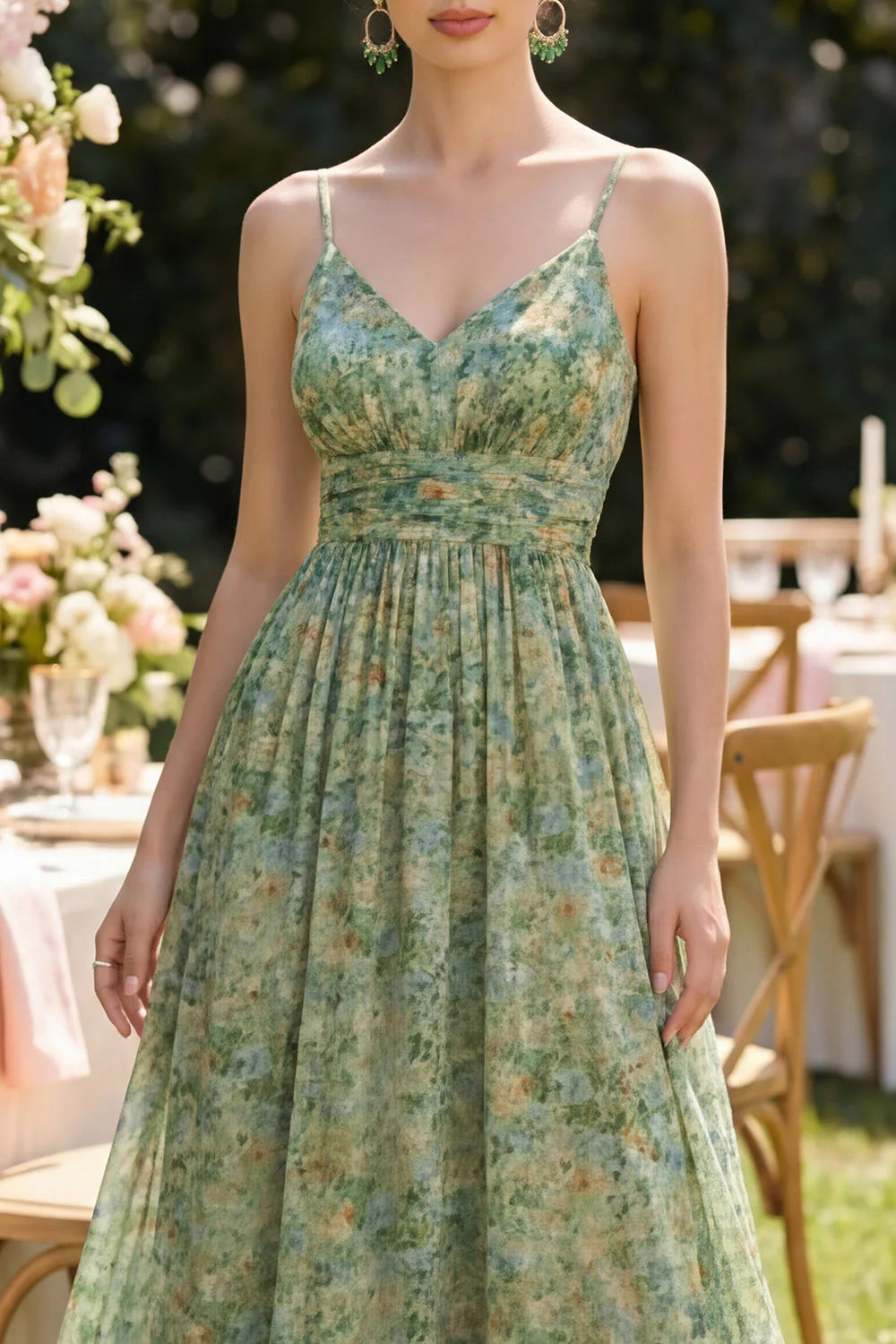 Dusty Green Floral Spaghetti Straps Long Wedding Guest Dress