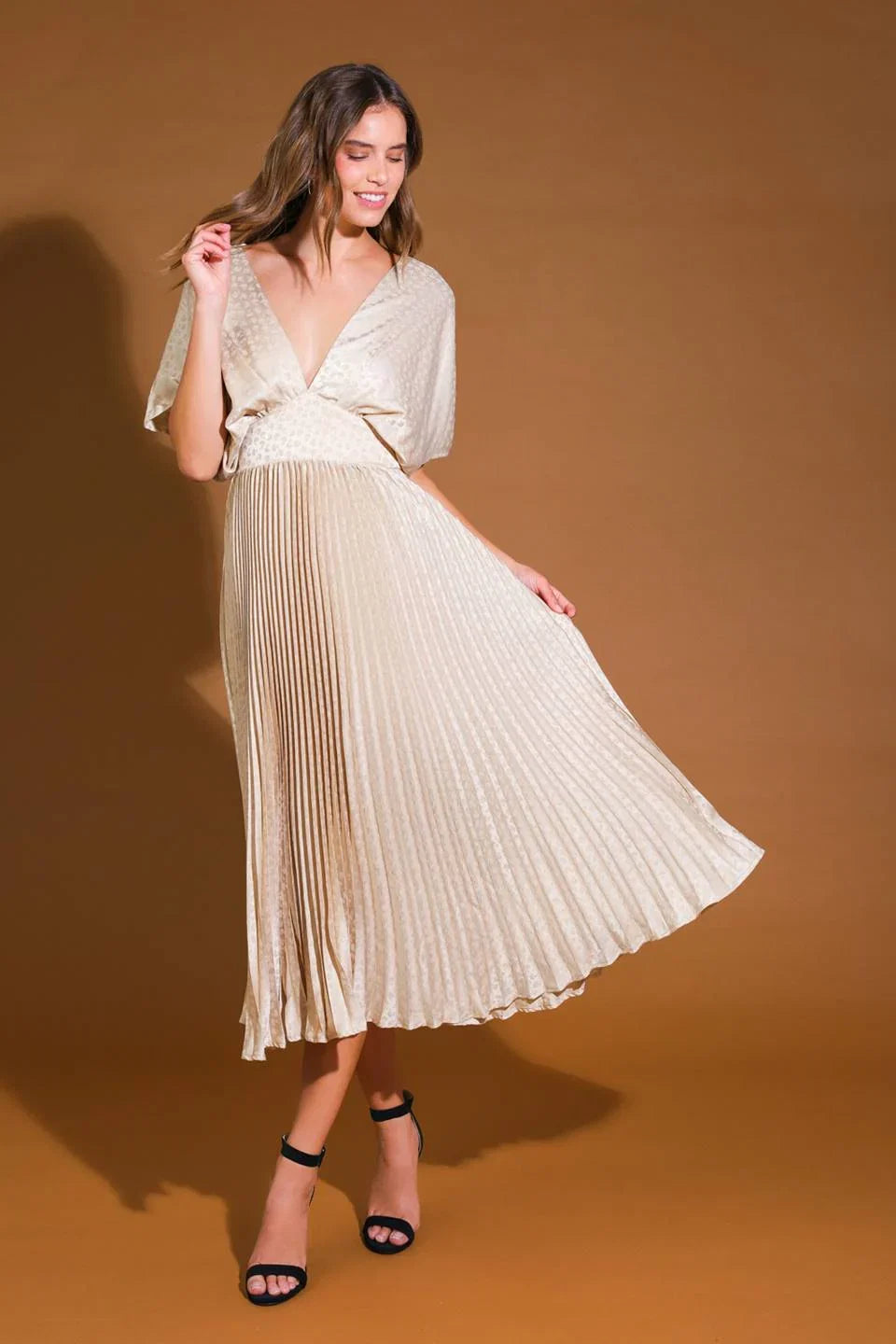 TIMELESS REPEAT PLEATED SATIN MIDI DRESS