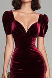 Burgundy Sheath V Neck Long Velvet Dress with Puff Sleeves