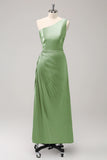 Dark Green Sheath One Shoulder Satin Long Bridsmaid Dress