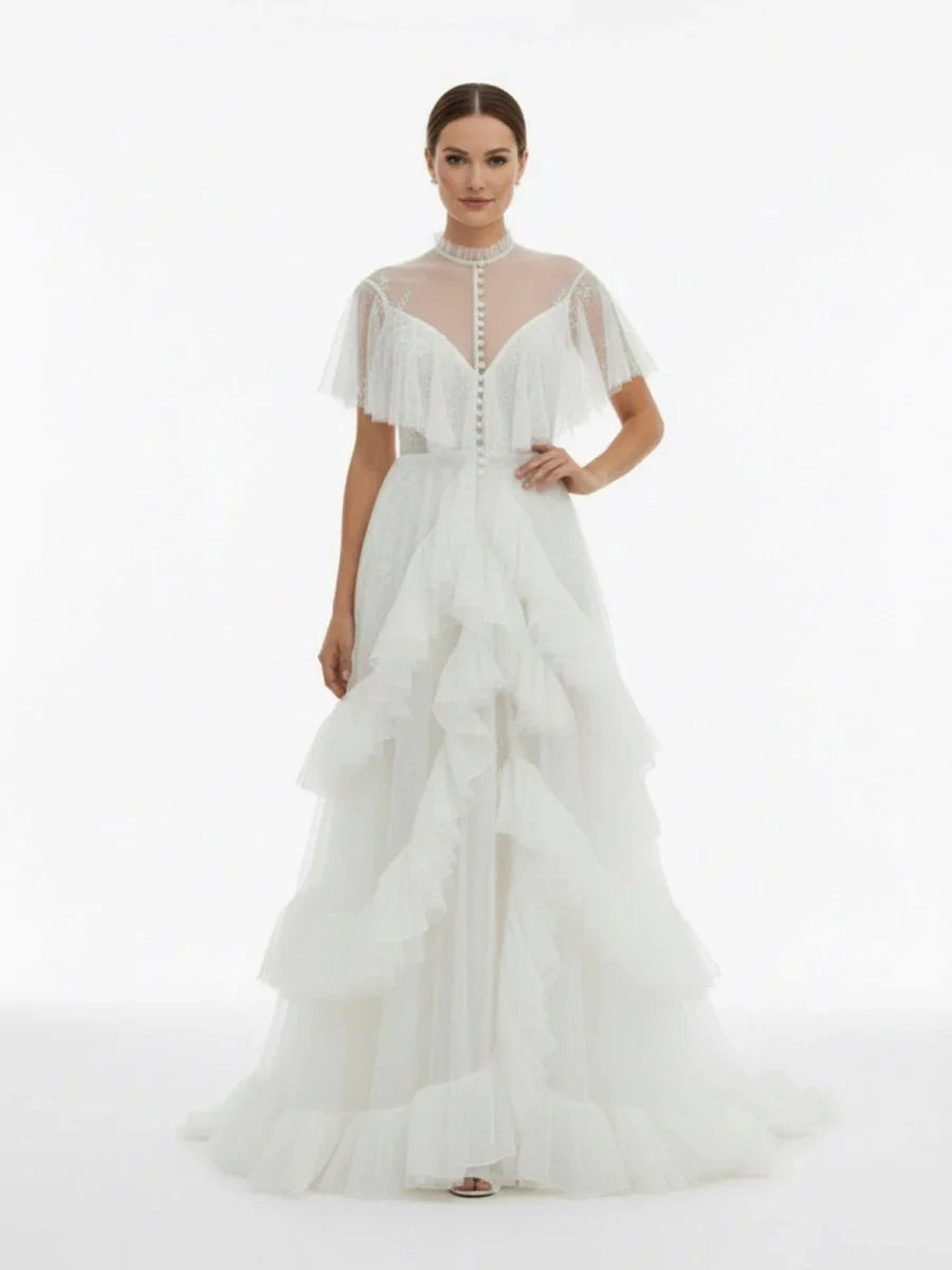 High Split A Line See through Short Sleeves Ruffle Tulle Wedding Dresses