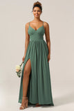 Eucalyptus A Line Spaghetti Straps Floor Length Chiffon Bridesmaid Dress with Slit