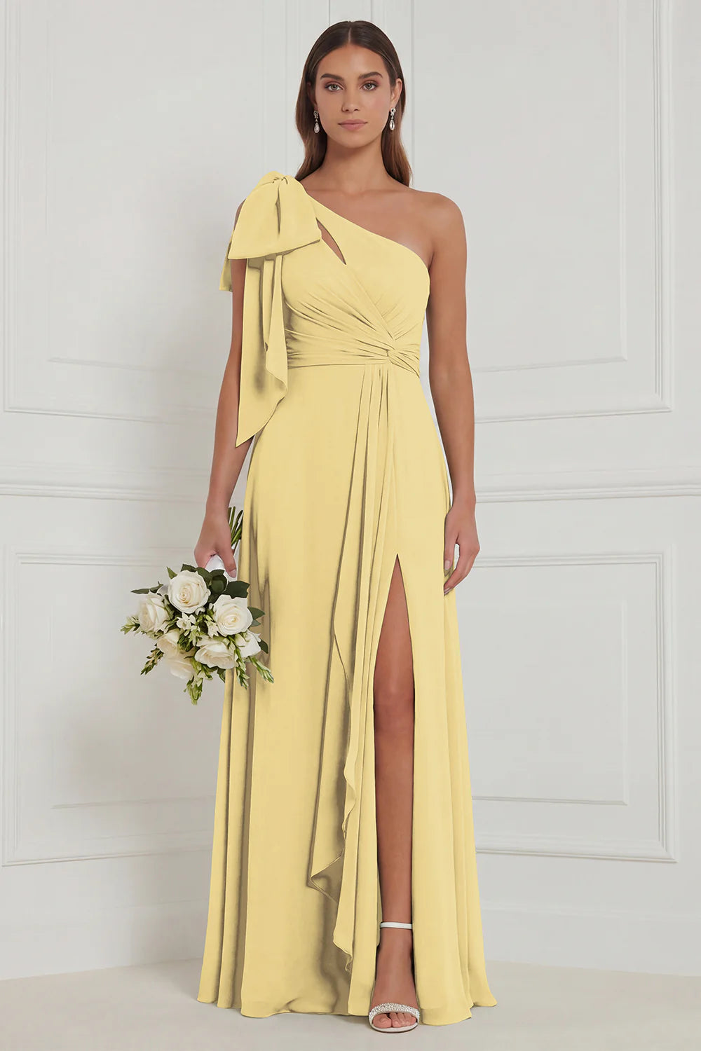 Sage A Line One Shoulder Long Bridesmaid Dress with Slit