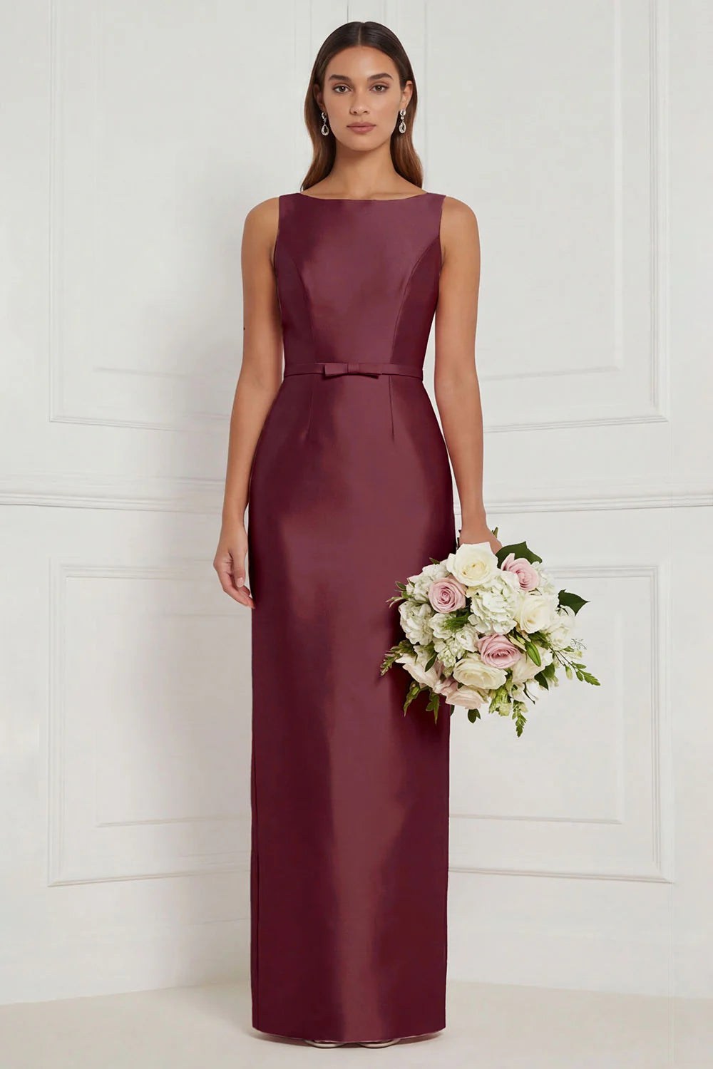 Sage Green Sheath Bateau Neck Satin Bridesmaid Dress