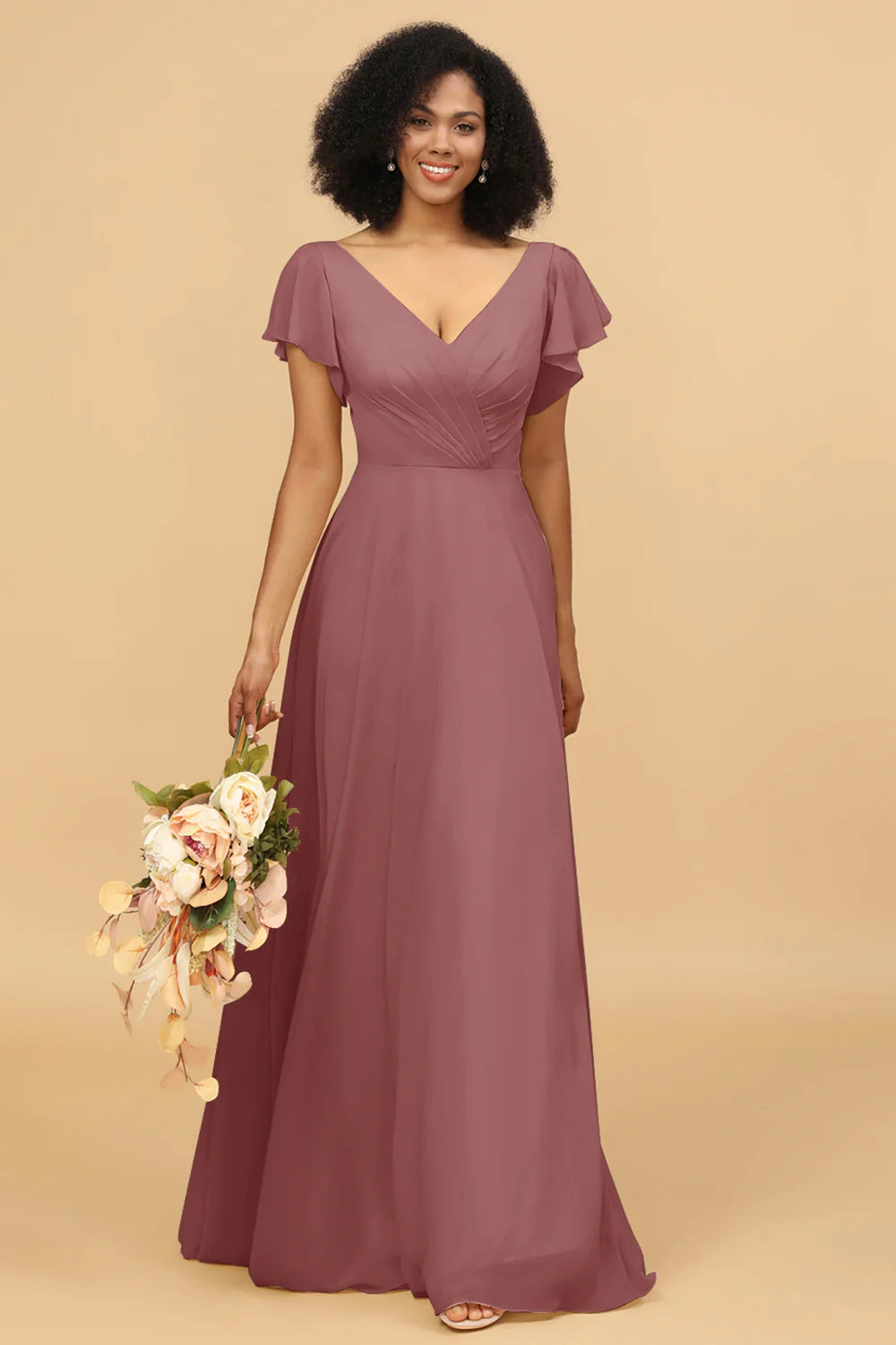 V Neck Cape Long Floor Length Chiffon Bridesmaid Dress