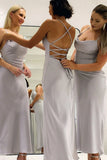 Dusty Rose Satin Sheath Lace Up Back Bridesmaid Dress