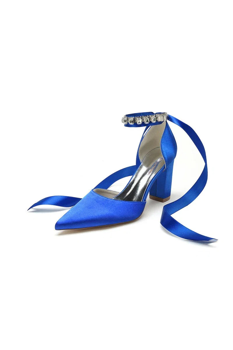 Rhinestone Ribbon Pointed Toe Ankle Strap Chunky Heel