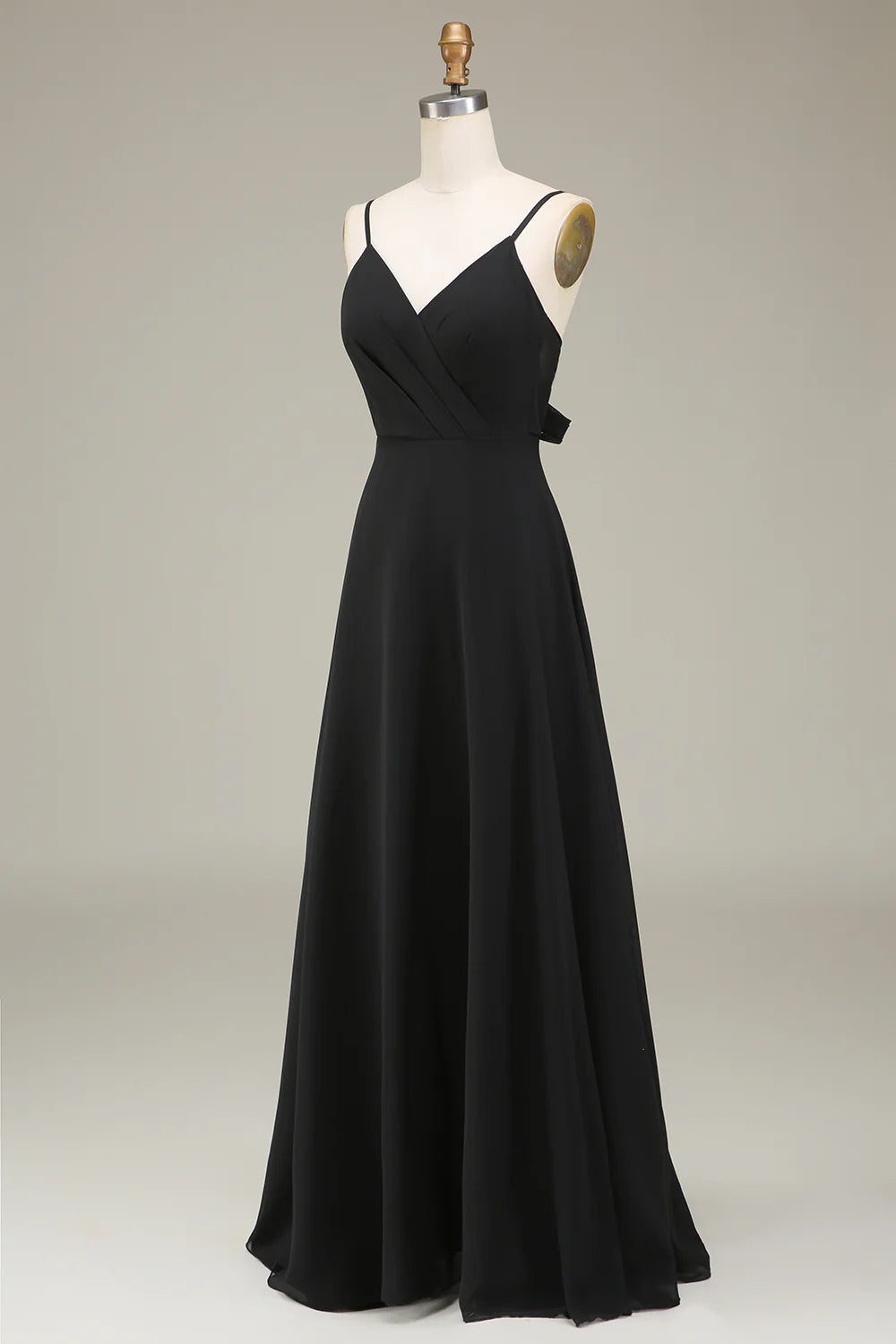 Black A Line Spaghetti Straps Chiffon Long Bridesmaid Dress