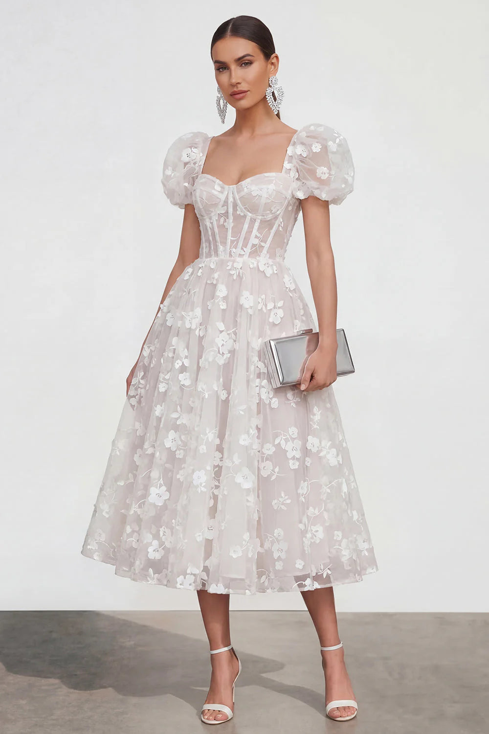 Floral Pink Puff Sleeve A Line Corset Wedding Guest Dress