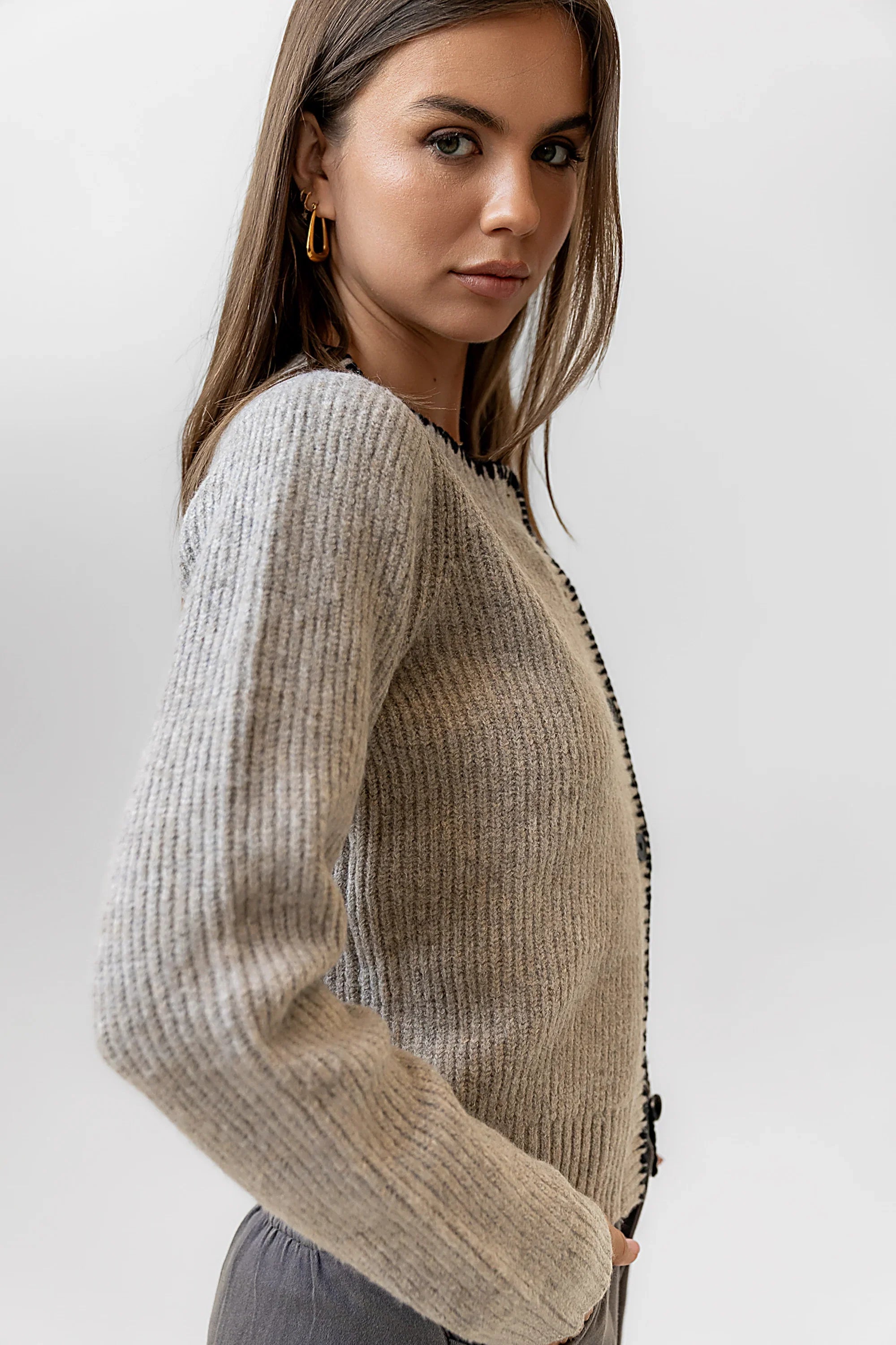 Darren Contrast Cardigan in Taupe