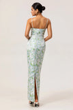 White Flower Sheath Spaghetti Straps Print Long Bridesmaid Dress with Back Slit