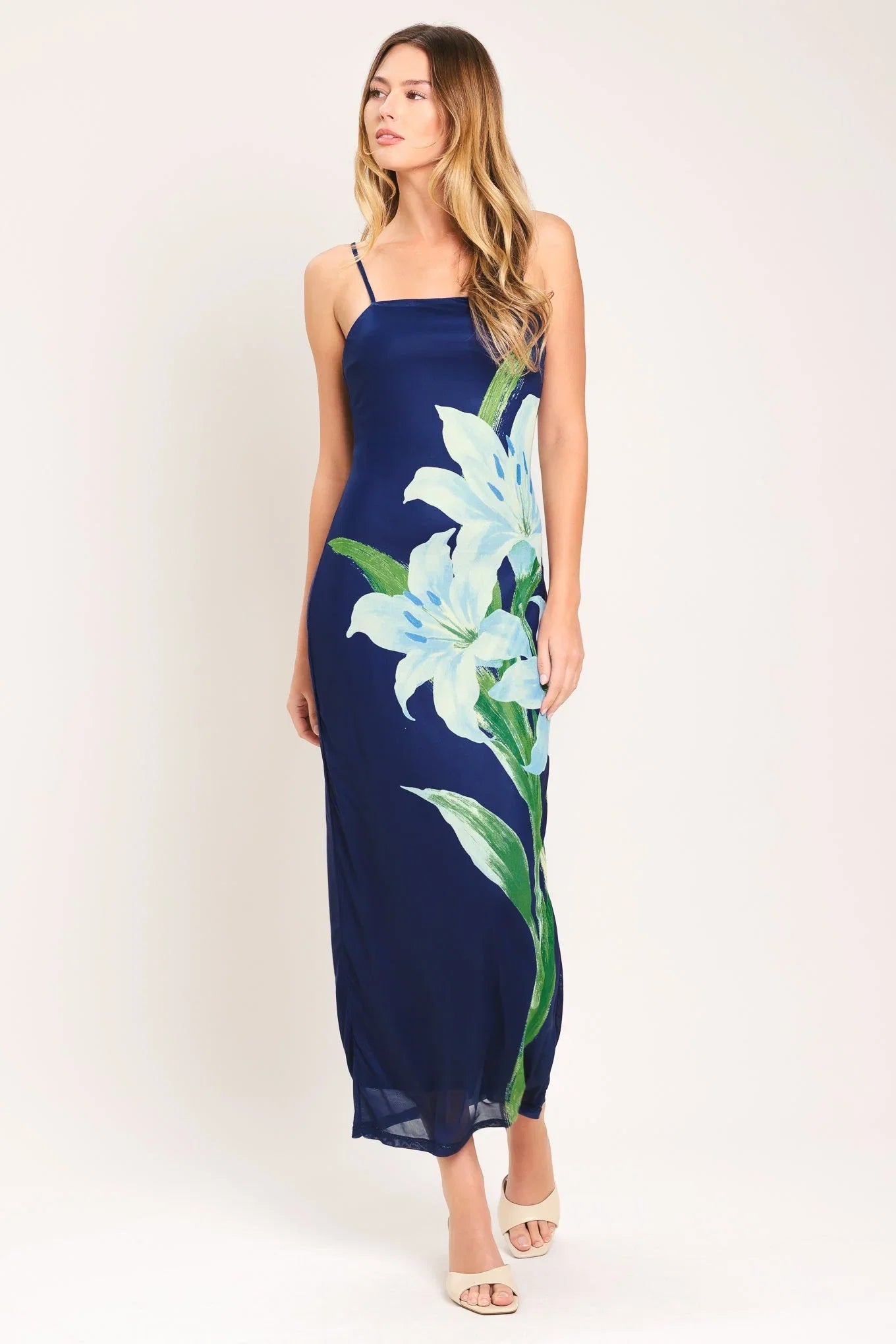 DEEP BLOOM POWER MESH MIDI DRESS