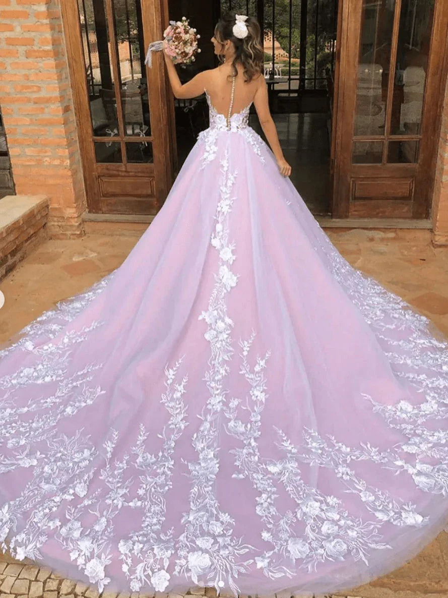 Light Purple Sleeveless A Line V Neck Lace Wedding Dresses