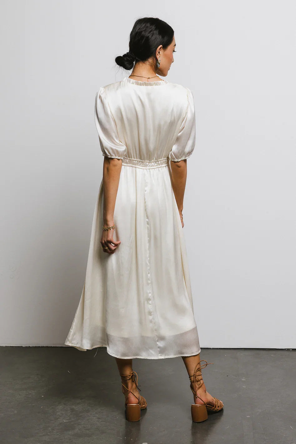 V Neck Satin Midi Dress in Cream