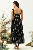 Black A Line Sweetheart Tea Length Wedding Party Dress with Embroidery