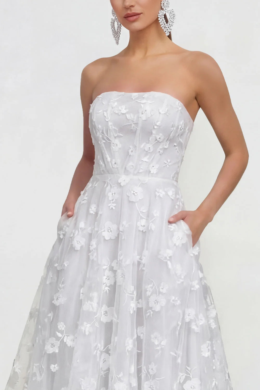 Strapless Floral Blue A Line Wedding Guest Dress