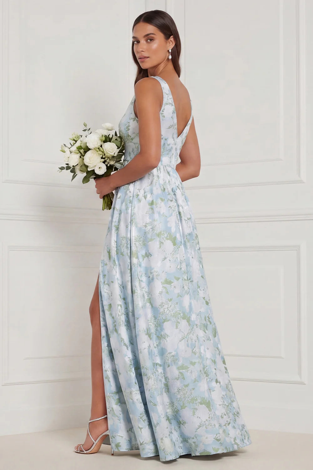 Blue White Flower V Neck A Line Long Bridesmaid Dress with Slit