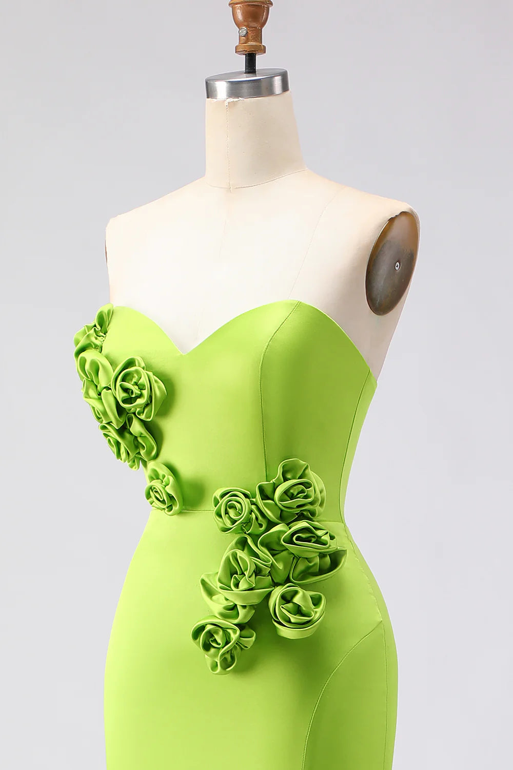 Green Strapless Mermaid 3D Flower Satin Long Prom Dress with Slit
