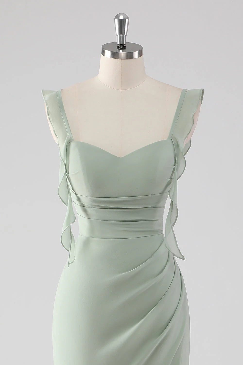 Sage Green Sheath Ruffled Lace Up Back Long Bridesmaid Dress with Slit