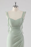 Sage Green Sheath Ruffled Lace Up Back Long Bridesmaid Dress with Slit