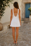 White V Neck Tulle Ruffled A Line Mini Dress