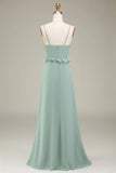 Matcha Spaghetti Straps Chiffon Bohemian Bridesmaid Dress With Ruffle Slit