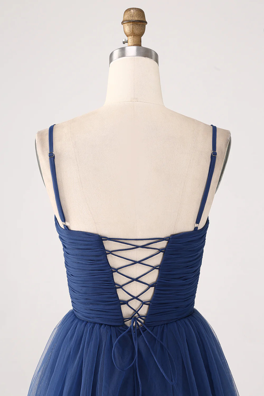 Navy A Line Spaghetti Straps Tulle Pleated Floor Length Bridesmaid Dress With Slit