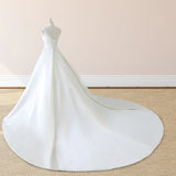 White Satin Cap Sleeve Lace Up Wedding Dress With Pearls