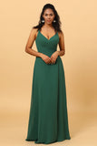Dark Green A Line V Neck Floor Length Long Chiffon Bridesmaid Dress