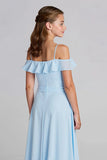 Sky Blue Chiffon A Line Cold Shoulder Junior Bridesmaid Dress