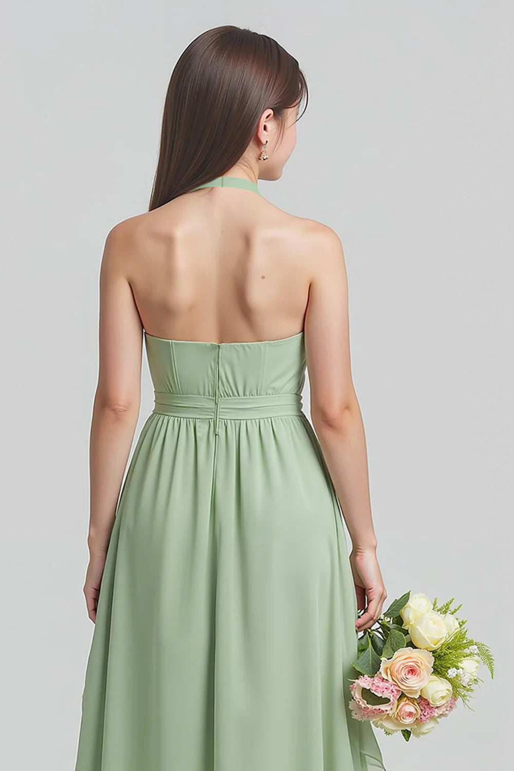Sage Green Halter A Line Chiffon Long Junior Bridesmaid Dress with Ruffles