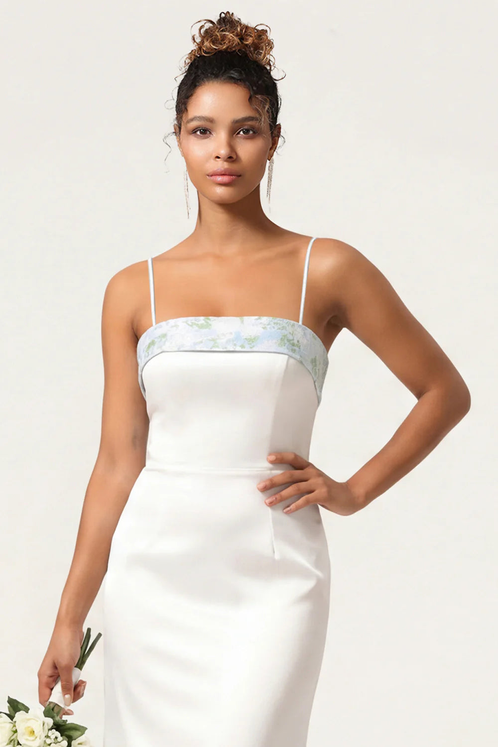 Blue Floral Spaghetti Straps Mermaid Satin Bridesmaid Dress with Bow